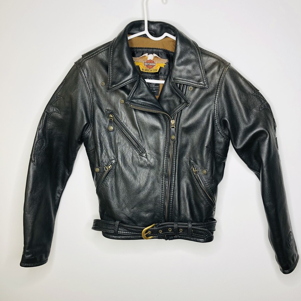 Harley Davidson Leather Jacket Wool Lined Embossed Flame Sleeves Women's Sz L‎